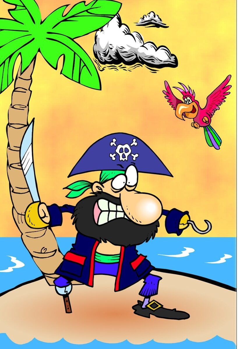 A cartoon pirate on an island with a palm tree.