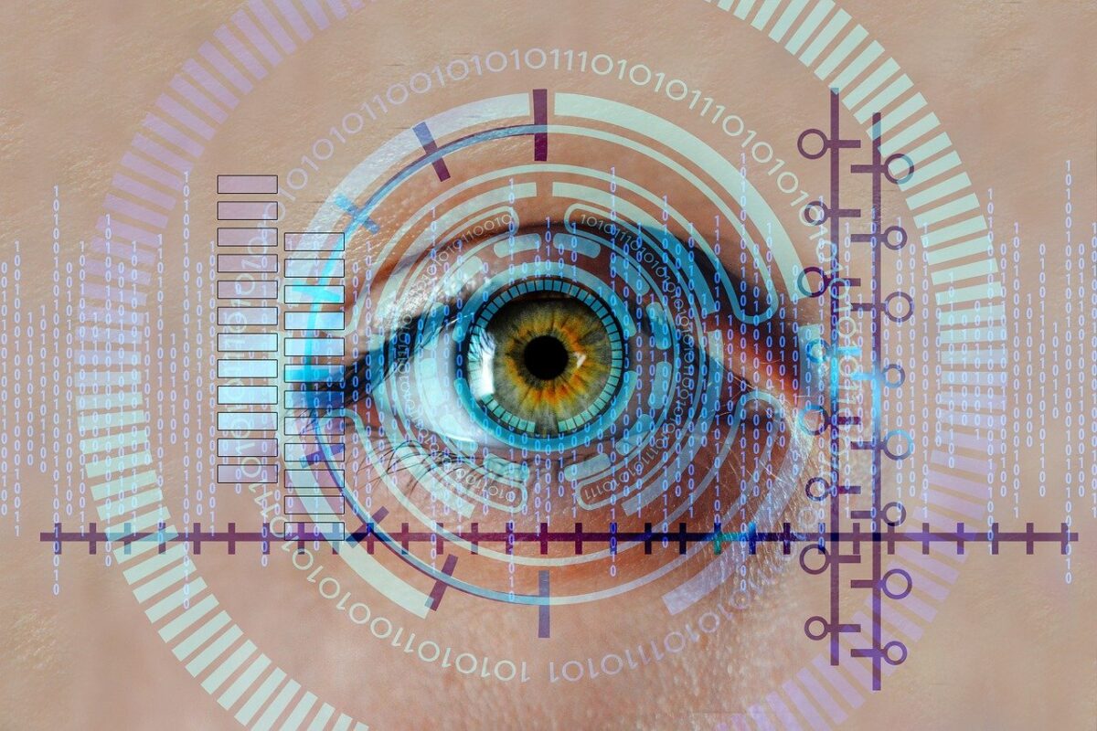 An image of a person's eye with a digital background.